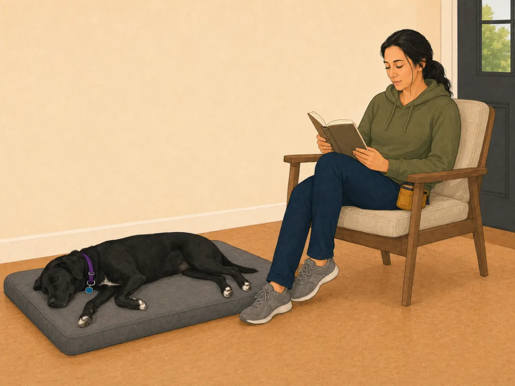 Warm vector era: the same scene drawn flat on a tan wall over a warm wooden floor, the handler reading in a wooden-armed chair, Lucy asleep on a gray bed, nothing else in the room.