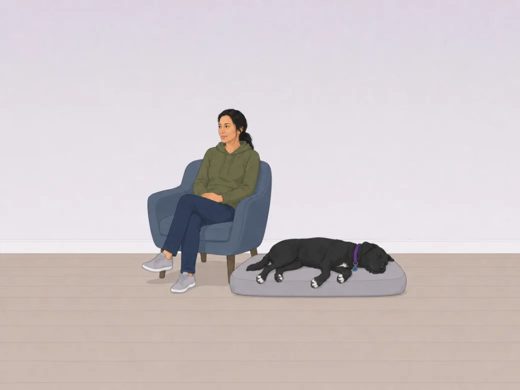 Lavender era: the same flat scene again with the wall repainted a pale violet, the chair now upholstered blue, the floor a cooler gray-brown.