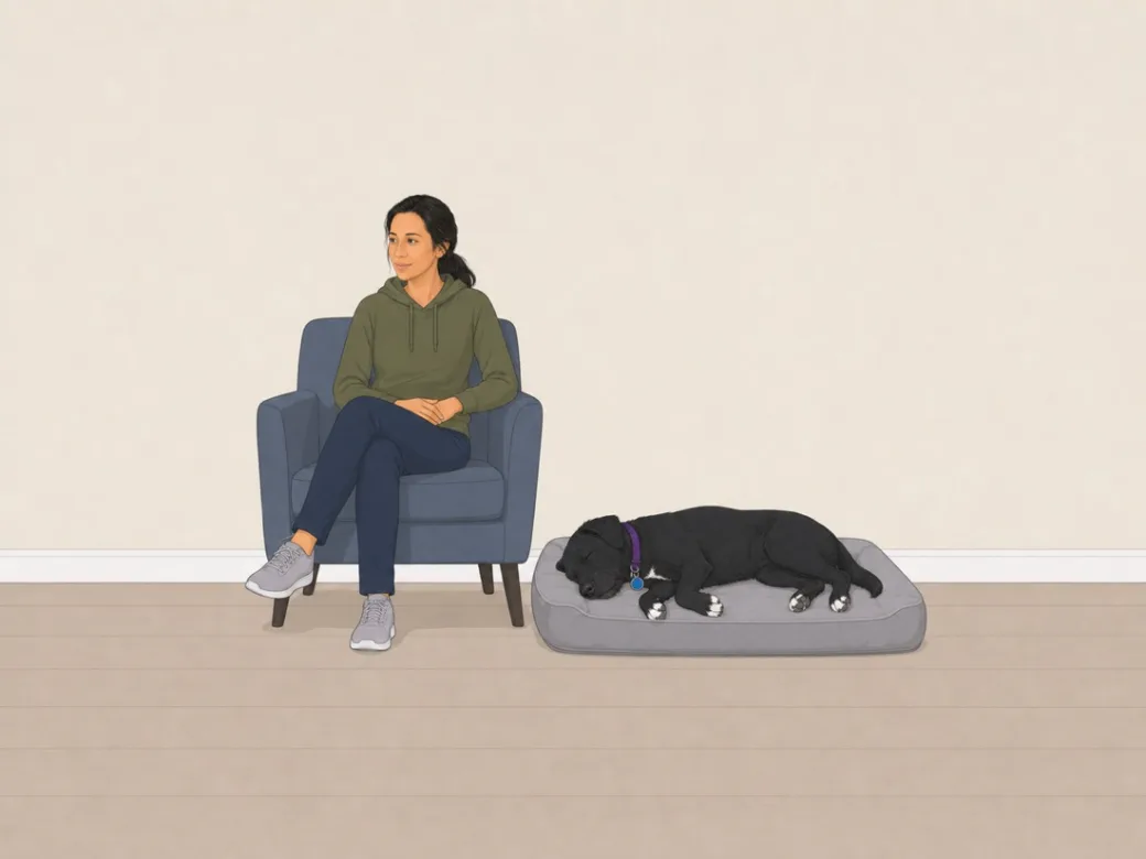 The shipping era: the same flat scene on a warm plaster wall over a pale wood floor, the blue chair and gray bed unchanged from the previous version.