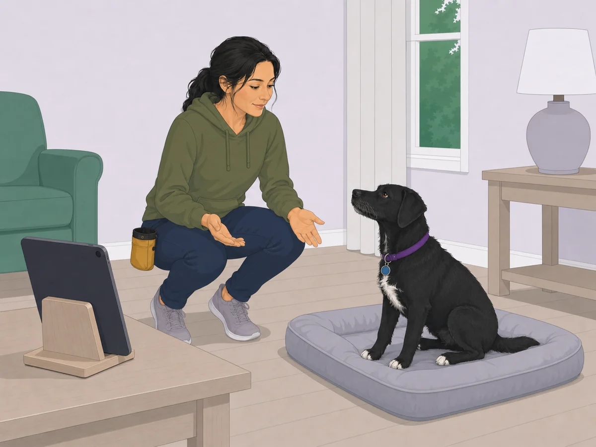 A tablet upright on a wooden stand at the edge of a living-room coffee table. Beyond it a woman crouches with both hands open and empty, facing a black dog with a white chest sitting on a gray floor bed.