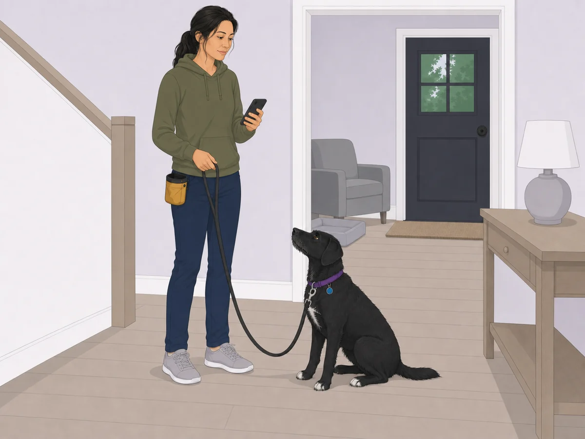 A woman stands in a hallway with a phone in one hand and the leash in the other, looking down at a black dog with a white chest sitting at her feet. A treat pouch hangs at her hip, and the front door is visible past her.