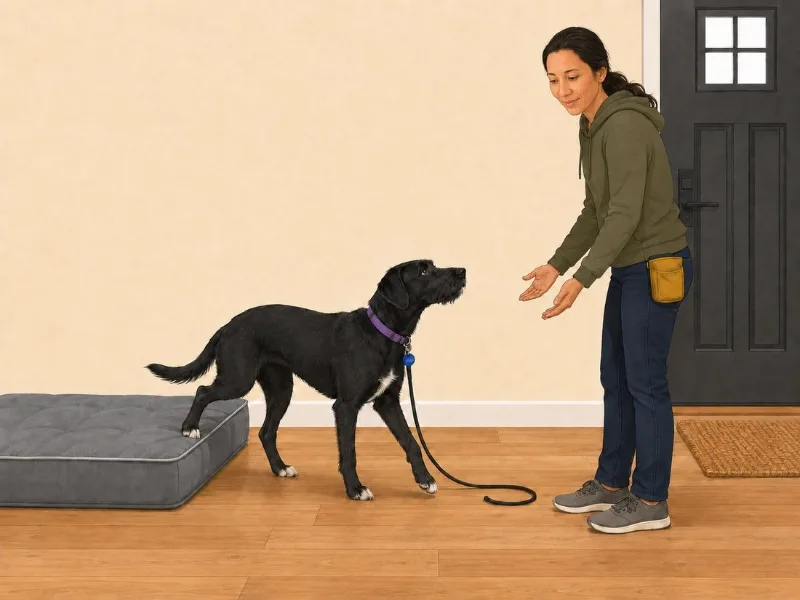 The redraw: most of Lucy off the bed, one back foot still touching its edge, moving toward the open hands.
