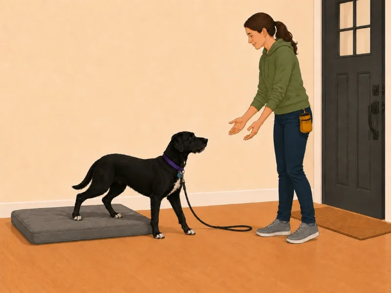 The first version: Lucy with all four feet on the bed, facing the handler&rsquo;s open hands.