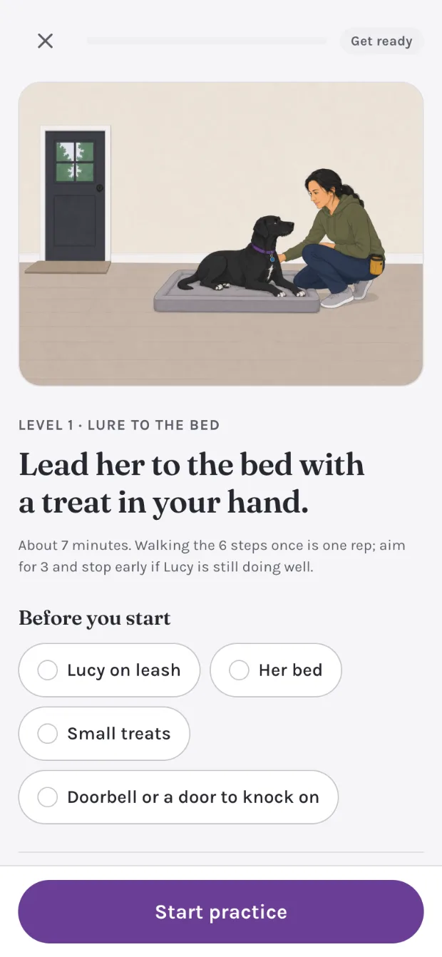 The get-ready screen for Doorbell Means Place, Level 1: the scene of the handler crouched at Lucy&rsquo;s bed, the instruction Lead her to the bed with a treat in your hand, a checklist of what to have ready, and a Start practice button.