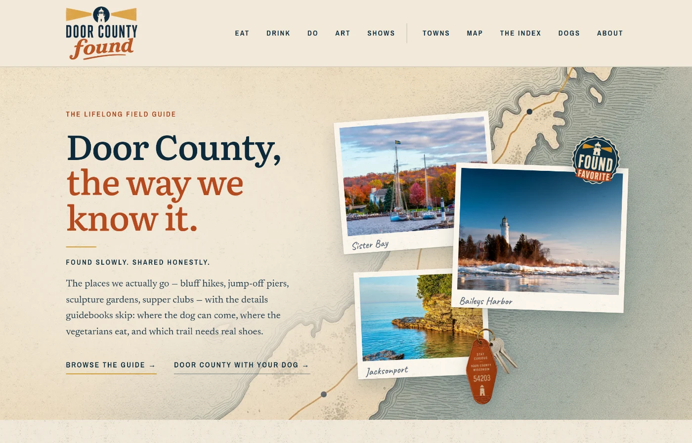 Door County Found homepage: a vintage travel-poster layout with the headline &ldquo;Door County, the way we know it&rdquo; over a topographic map and three photo prints labeled Sister Bay, Baileys Harbor and Jacksonport.