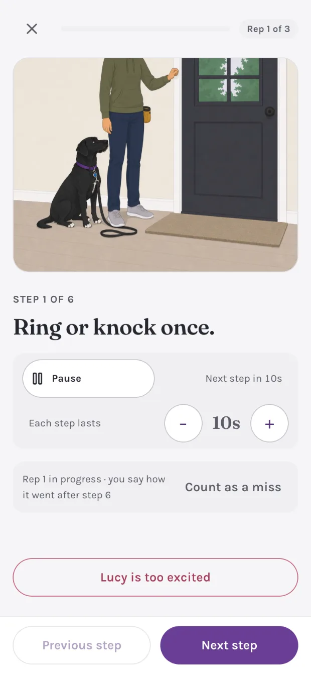 Mid-session with the timer on: step 1 of 6, ring or knock once, in large type. Under it a strip with Pause, Next step in 10s and the seconds each step lasts, then the rep tally and a count-as-a-miss control.