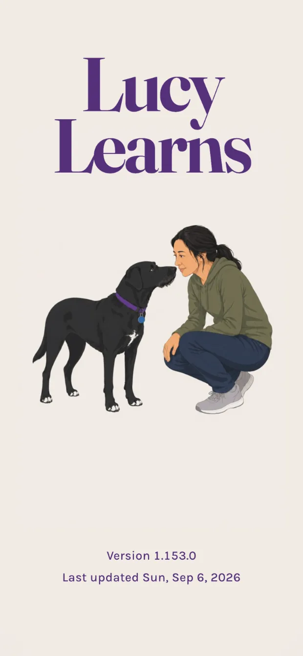 The Lucy Learns splash screen: the app name in a tall serif above an illustration of a black Labrador and her person crouched nose to nose, with the build version below.
