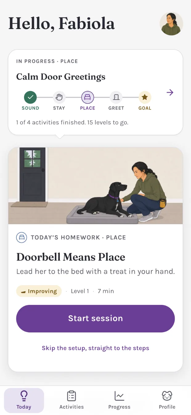 Lucy Learns home screen: the Calm Door Greetings track and today&rsquo;s homework with a Start session button.