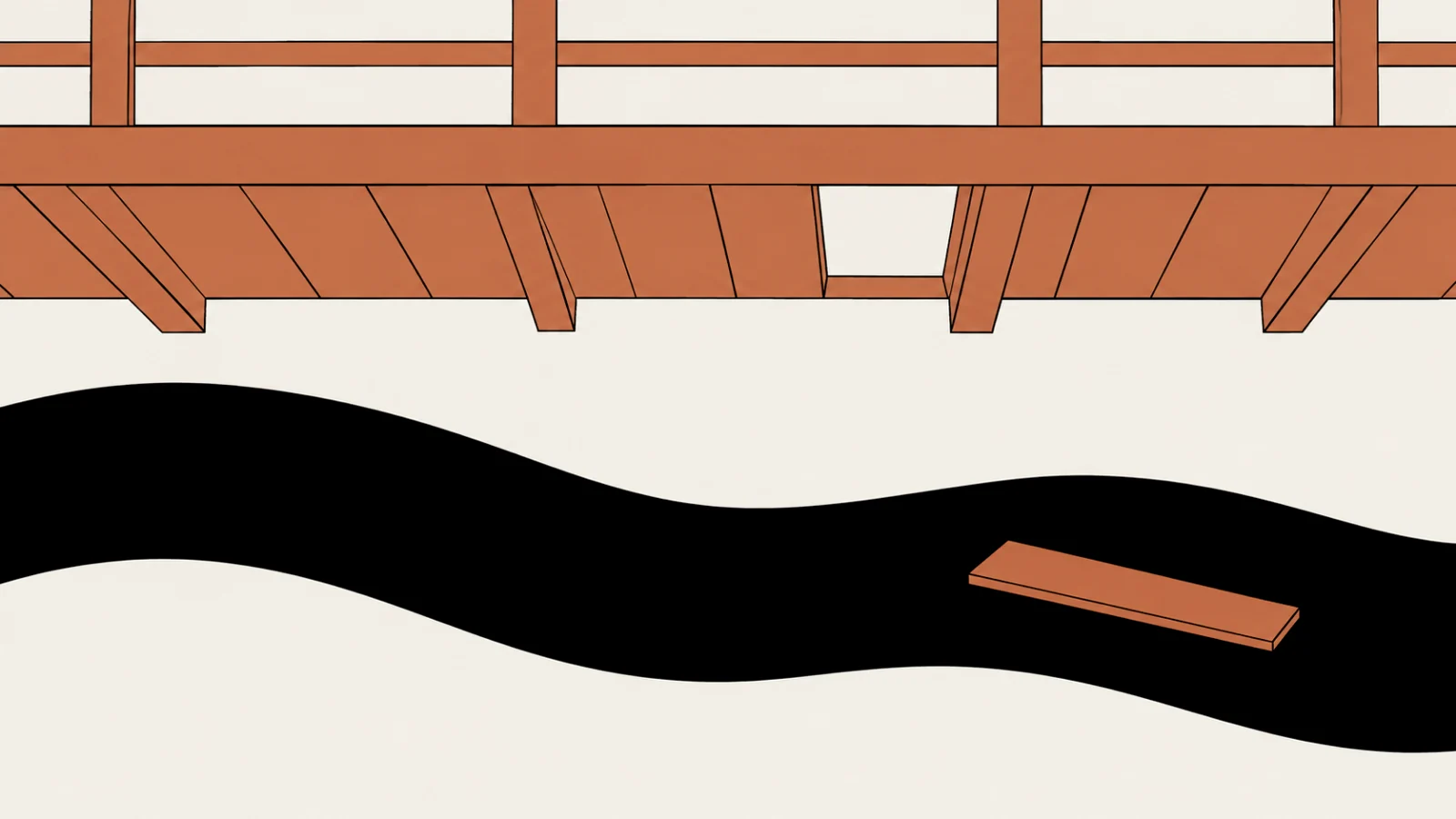 The terracotta footbridge from below its missing plank, and on the black river beneath it the one cream plank, drifting away to the right.