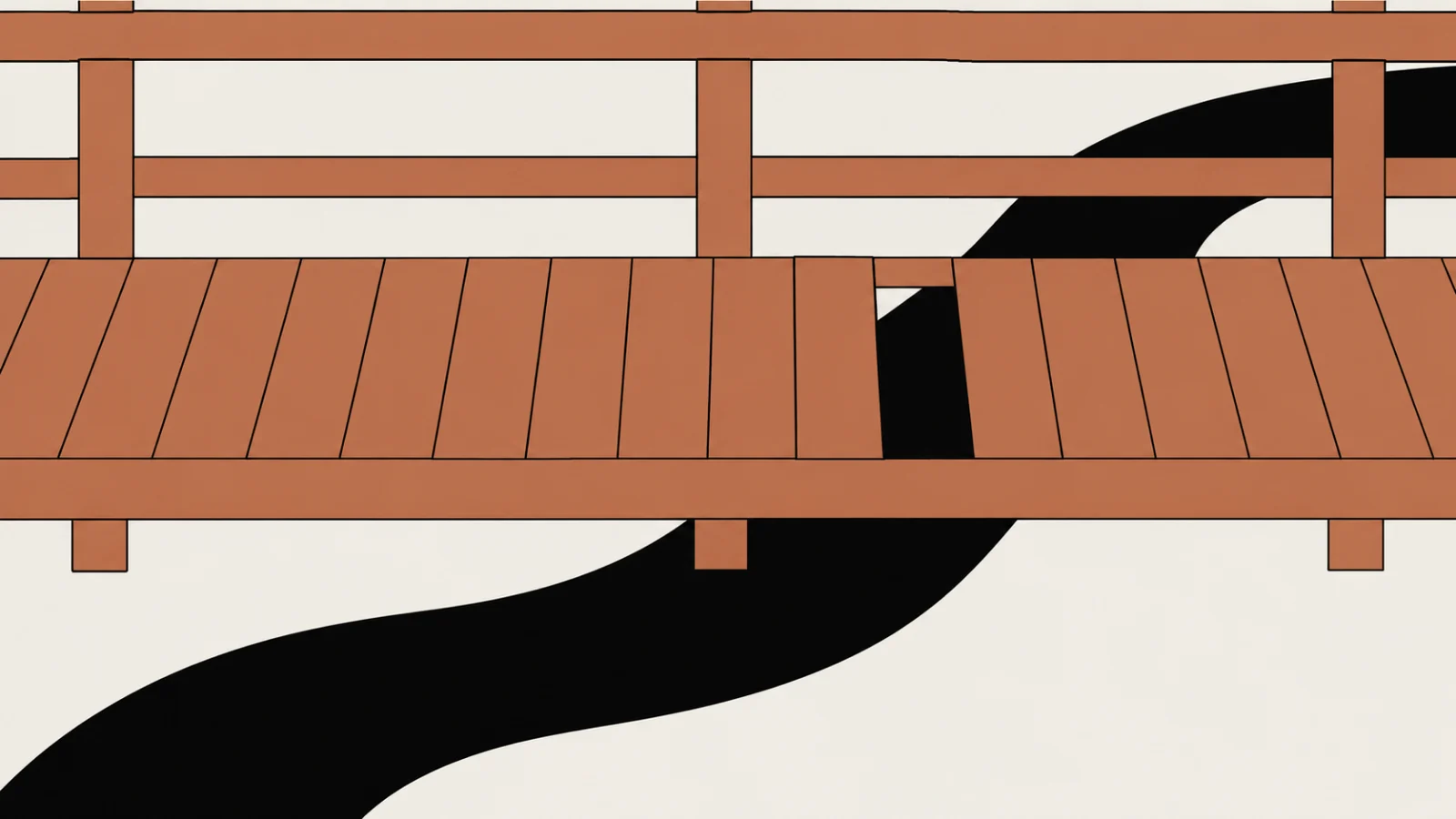 A terracotta plank footbridge running edge to edge with exactly one plank missing, and a black river curving beneath it and showing through the gap.