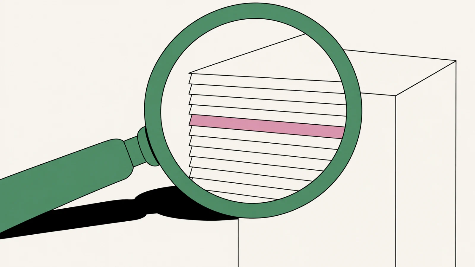 The sage magnifying glass lying flat over the edge of a tall stack of cream documents; inside the lens the stack&rsquo;s edges show one dusty-rose sheet buried in the middle.