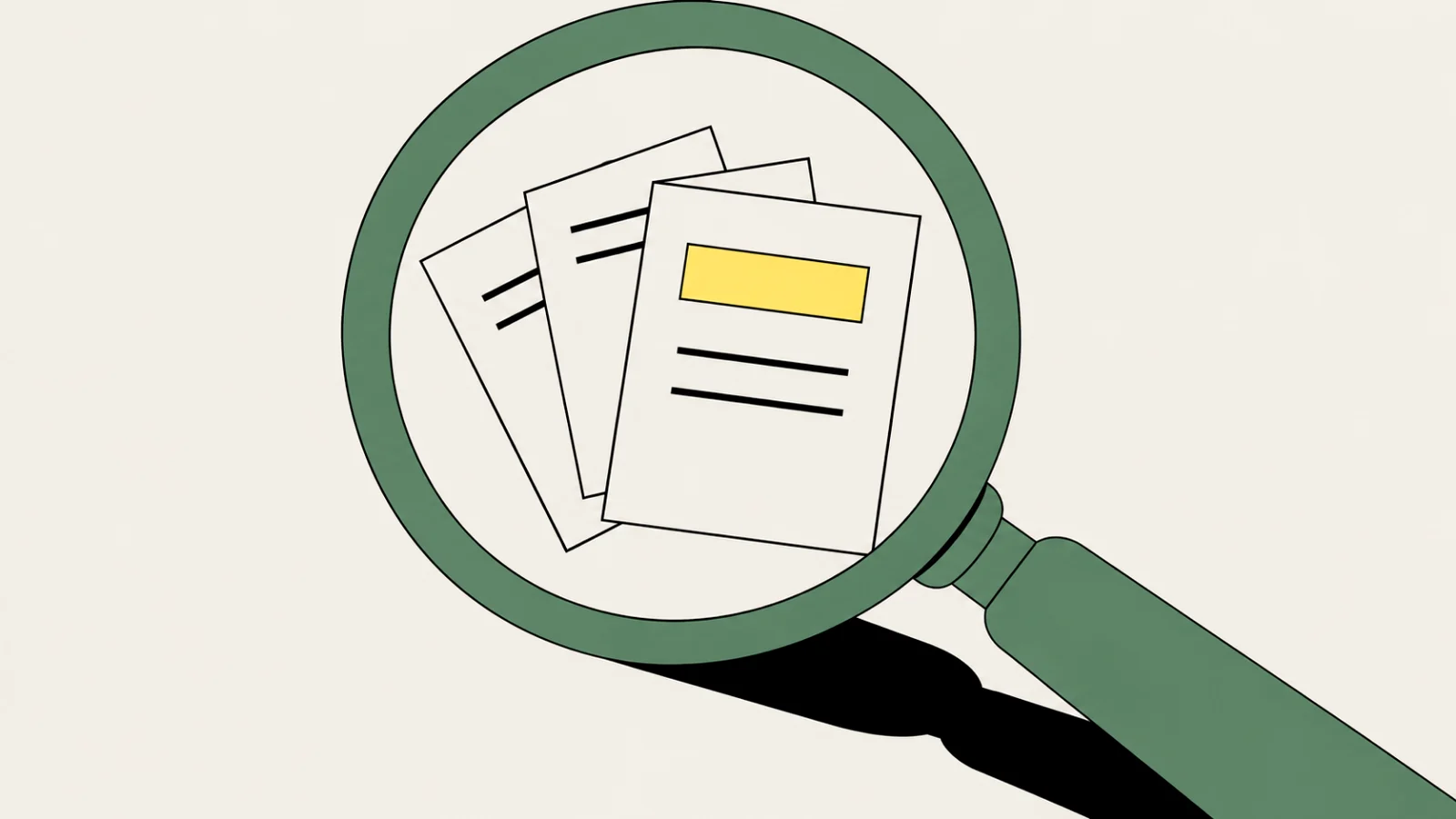 A large sage magnifying glass, its handle running off the corner, and inside the lens three stacked documents with one small field lit yellow.