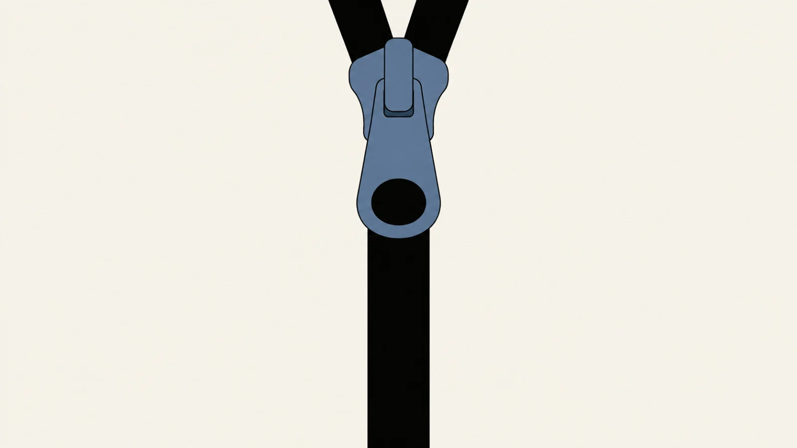 The same dusty slate zipper slider, now near the top of the frame with the closed black tape running down from it and off the bottom, and above it the last short stretch of the two tapes still open in a small V, with cream between them.