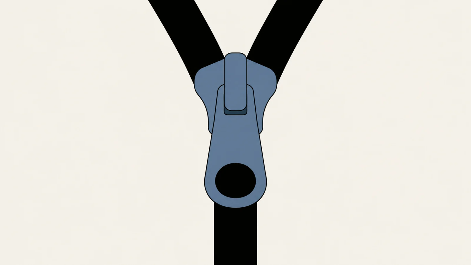 A large dusty slate zipper slider, cropped by the bottom of the frame, closing two black zipper tapes that open in a V above it and run off the top edge, and below it the one closed black line of the zipped tape running off the bottom.