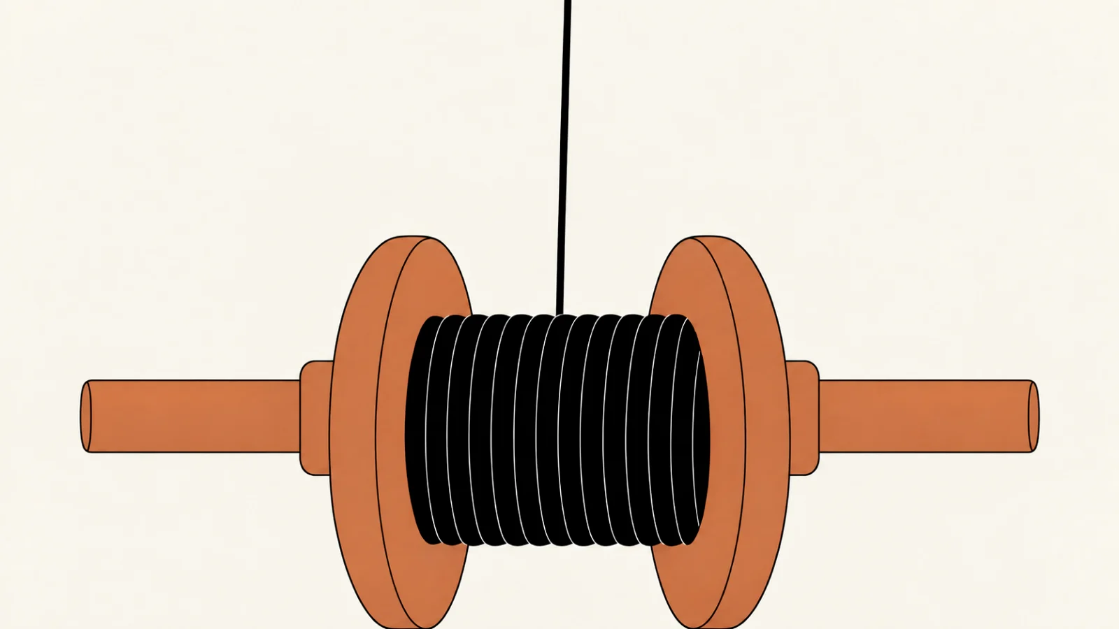 A large terracotta hand reel cropped by the bottom of the frame, the black string wound neatly around it, and one straight black line rising from it off the top edge.