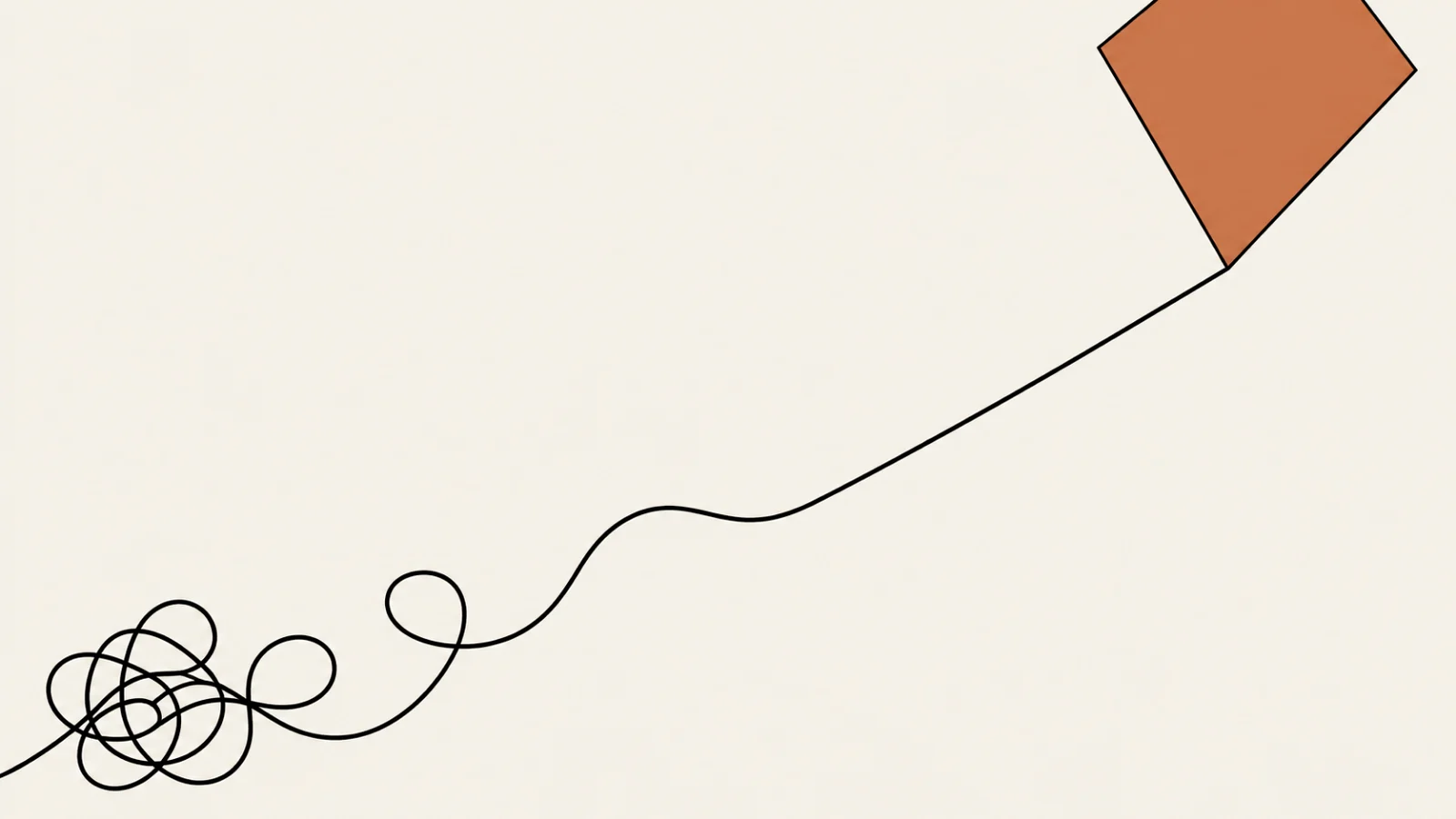 A terracotta kite in the upper right on one continuous black string that begins as a tight knot in the lower left and straightens as it rises.