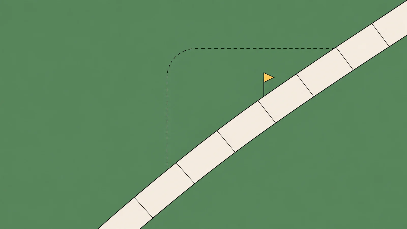 The same sage lawn from straight above, the cream walk now running in one long diagonal across it where the shortcut had worn, the old right-angle corner left as a thin dashed outline in the grass, and one small butter-yellow flag planted beside the new walk.