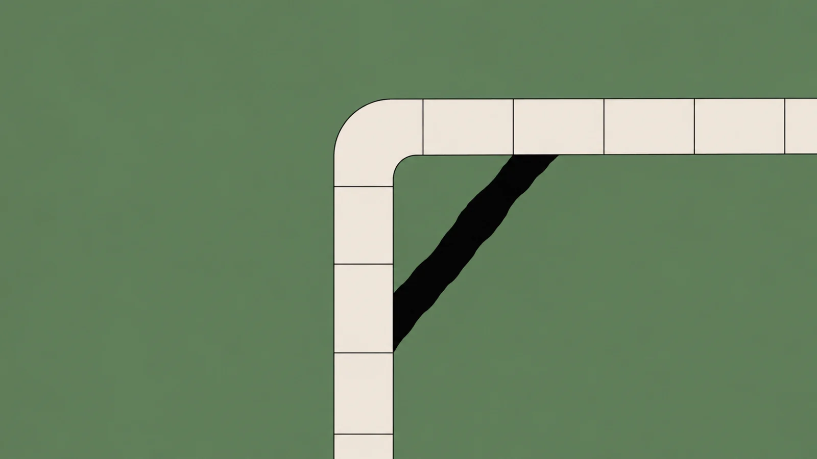 A sage lawn seen from straight above, a cream paved walk turning a sharp right angle across it, and one solid black worn path cutting straight across the corner of the grass.