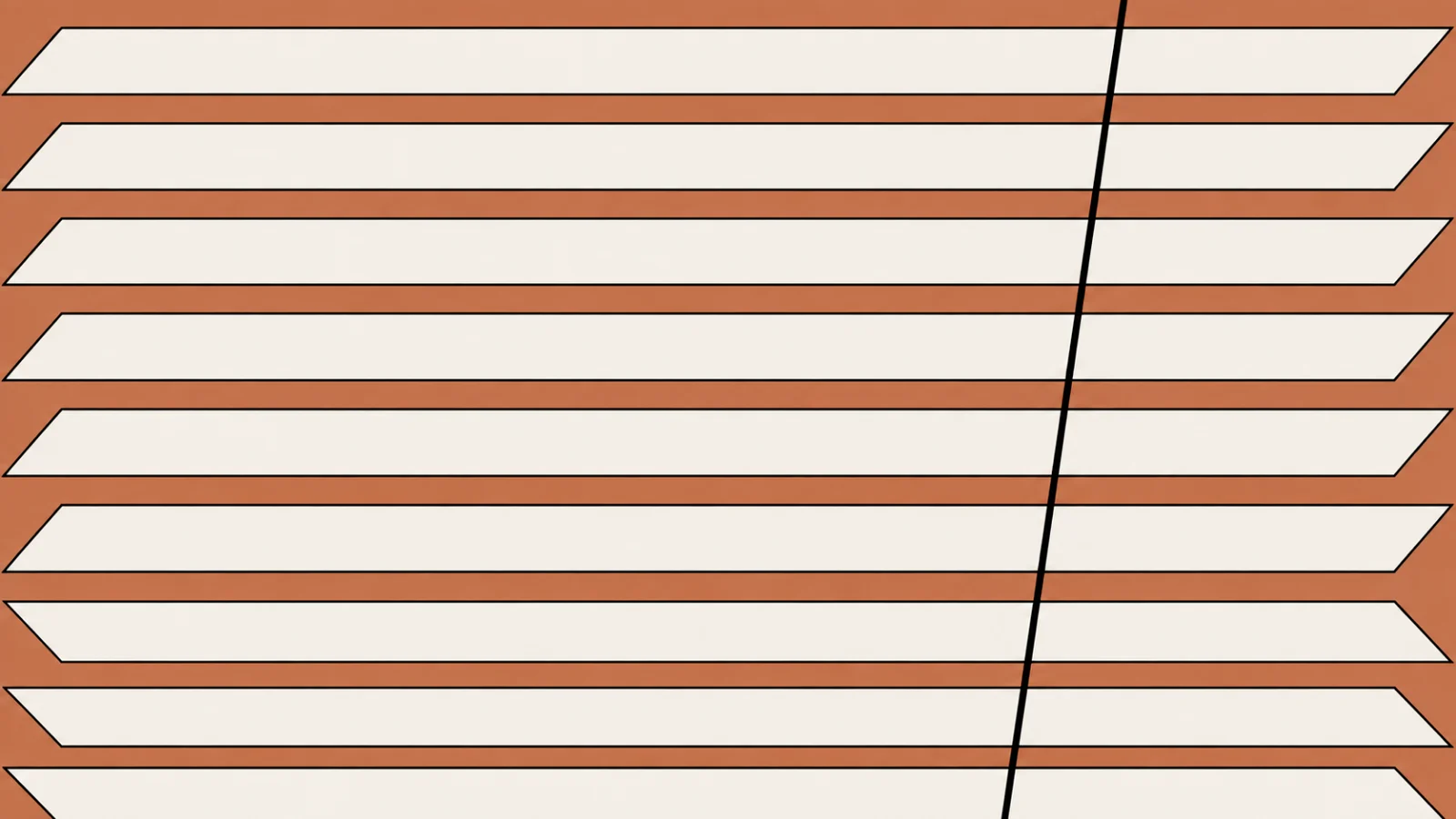 The cream venetian blind on a terracotta field, every slat tilted the same way except the bottom three, which still tilt the other way, and the black pull cord drawn taut mid-pull.