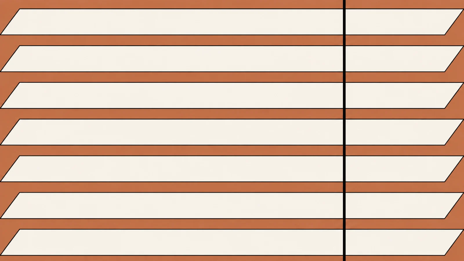 A cream venetian blind of eight thick slats filling a terracotta field, every slat tilted the same way, and one black pull cord hanging straight down.