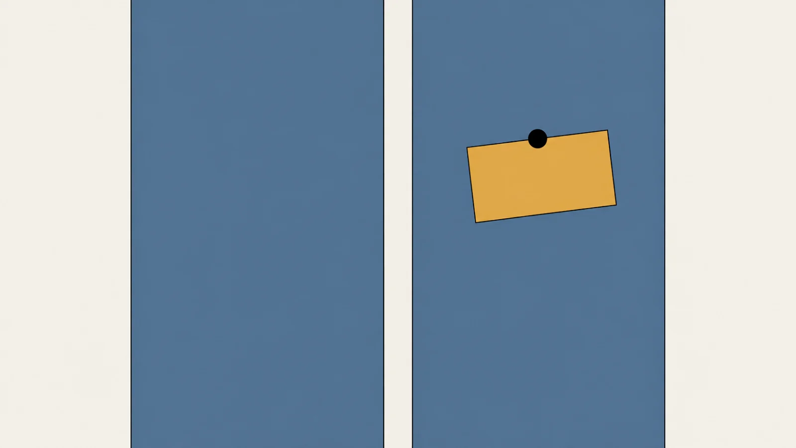 Two identical dusty slate panels side by side on a cream ground, cropped by the top and bottom of the frame, and one small ochre card pinned with a black pushpin to the right-hand panel.