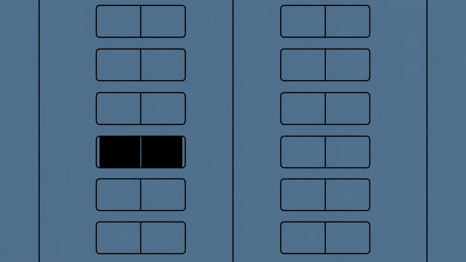 A large dusty slate breaker panel cropped by the frame, two columns of identical rocker switches all flipped up except one near the middle of the left column, which is flipped down and solid black.
