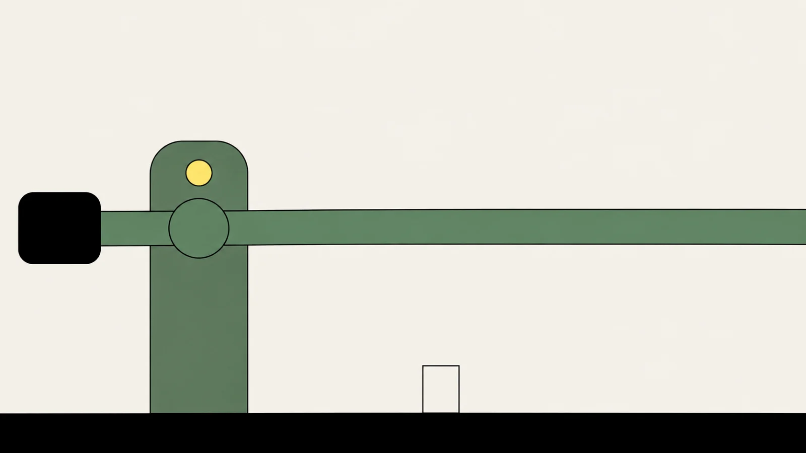 The sage boom barrier from the side with its arm lowered level across the picture, a black road band along the bottom of the frame under it, one small cream card on the road directly under the arm, and a small yellow lamp on the post.