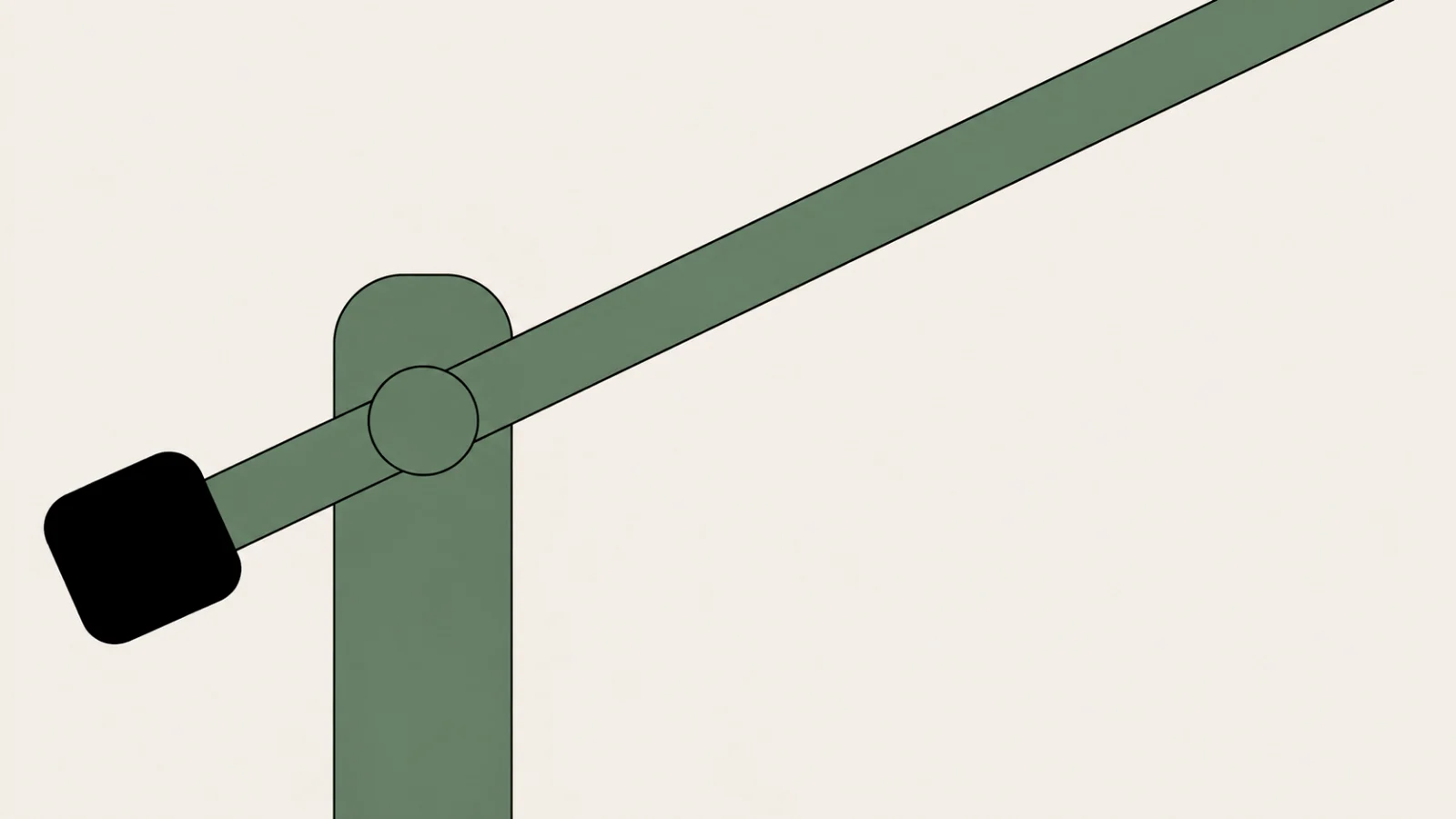 A large sage boom barrier drawn flat from the side, its post at the left, its arm raised at forty-five degrees and running off the top of the frame, and a solid black counterweight on the arm&rsquo;s short tail.
