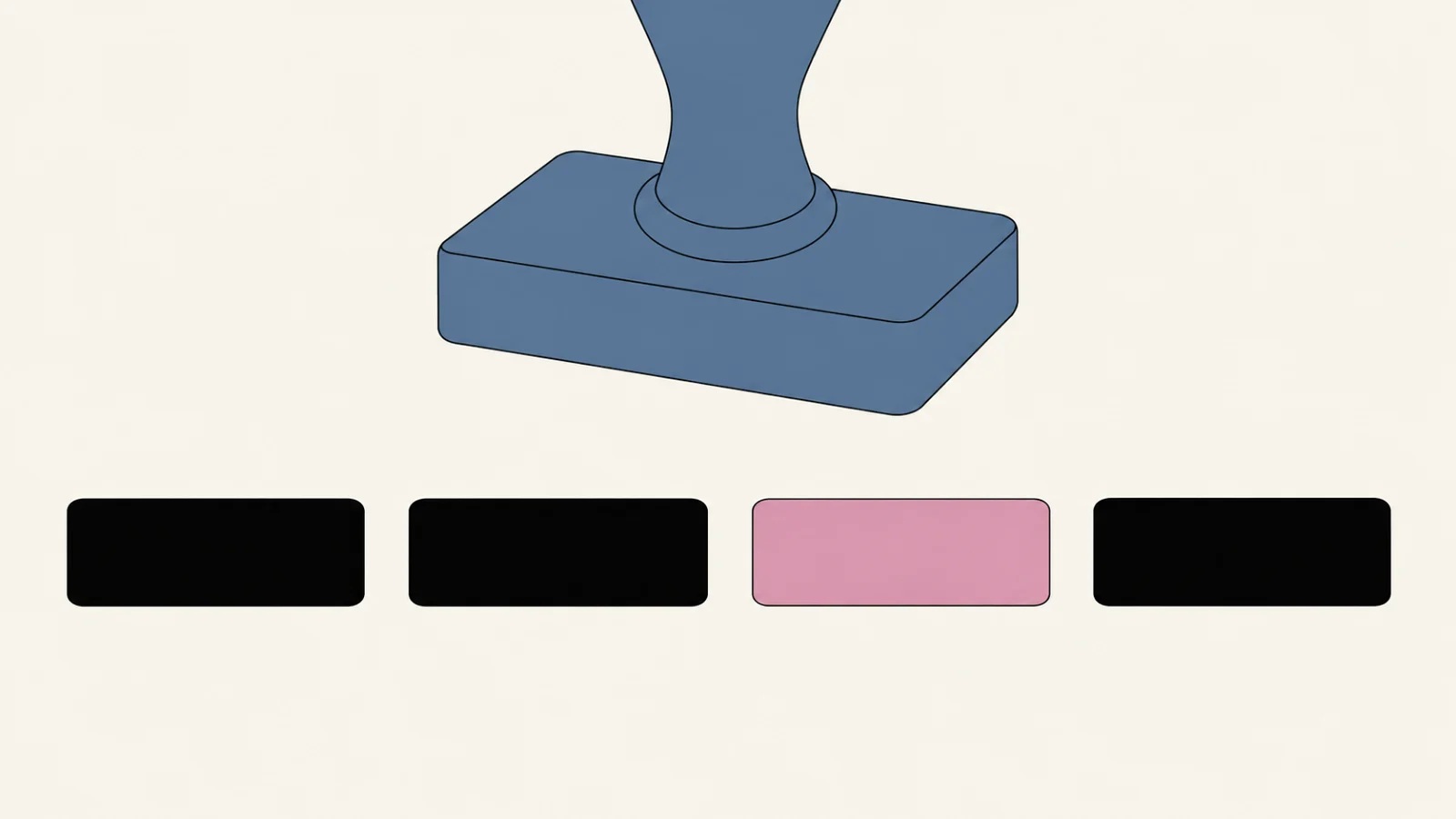 The slate stamp lifted clear at the top of the frame, and below it a straight row of four identical black impressions across the cream, the third of them filled dusty rose.
