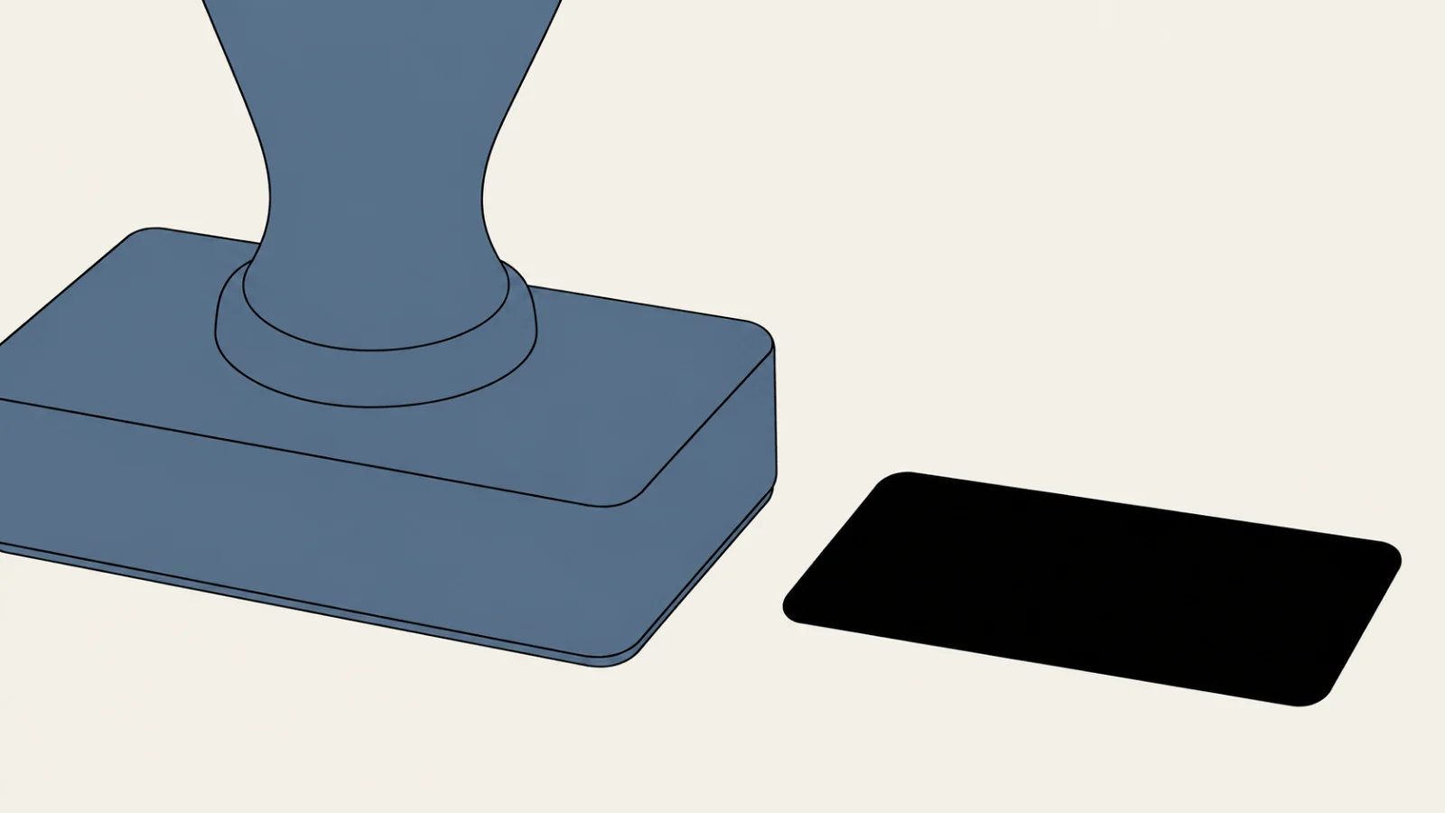 A large dusty slate rubber stamp pressed down on cream ground, cropped by the top of the frame, and to its right the impression it has just left, one solid black mark the exact shape of the stamp's face.