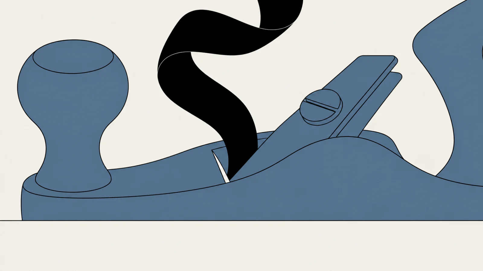 A large dusty slate hand plane, its rear handle cropped by the right edge of the frame and its sole flat on the cream ground, and one solid black curl of shaving rising from its mouth and off the top edge.