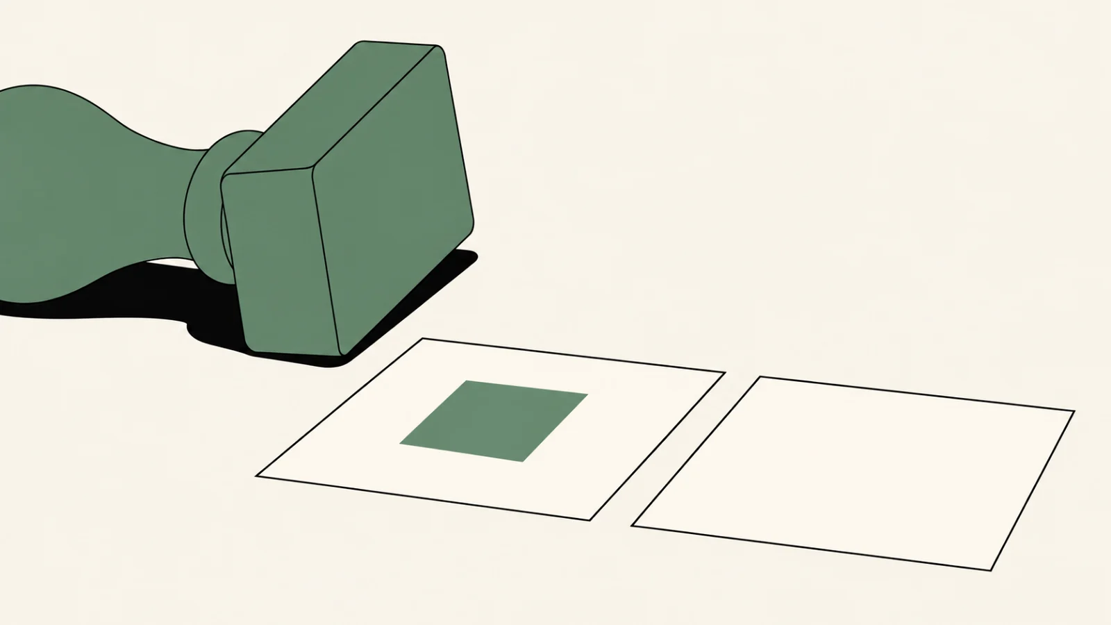 The sage stamp lying on its side on the ground, and two plain cards in front of it: the left one carries a single sage square, the right one is still blank.