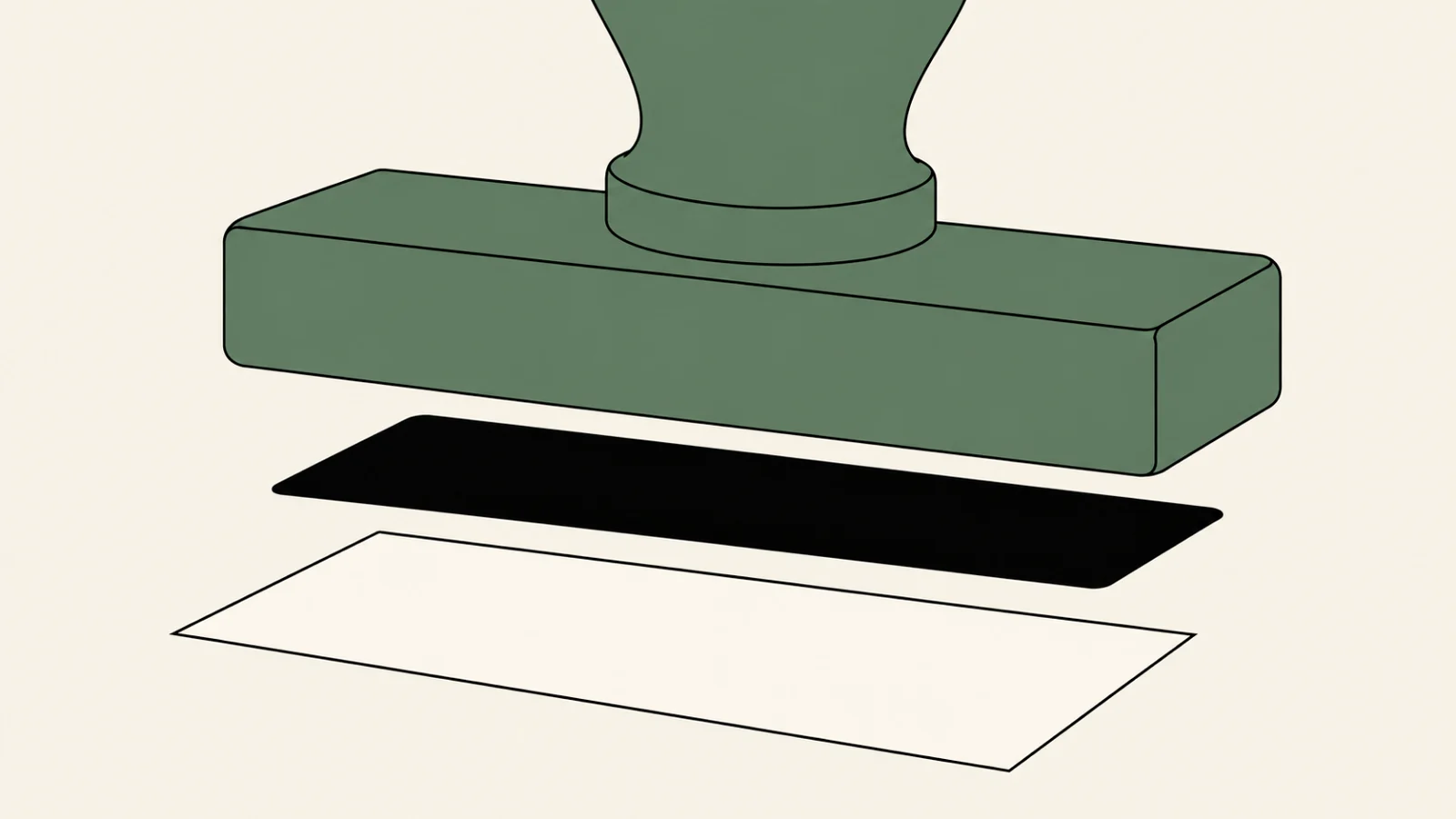 A large sage rubber stamp held an inch above a plain card, its black shadow offset on the ground; the stamp has not come down and the card is unmarked.