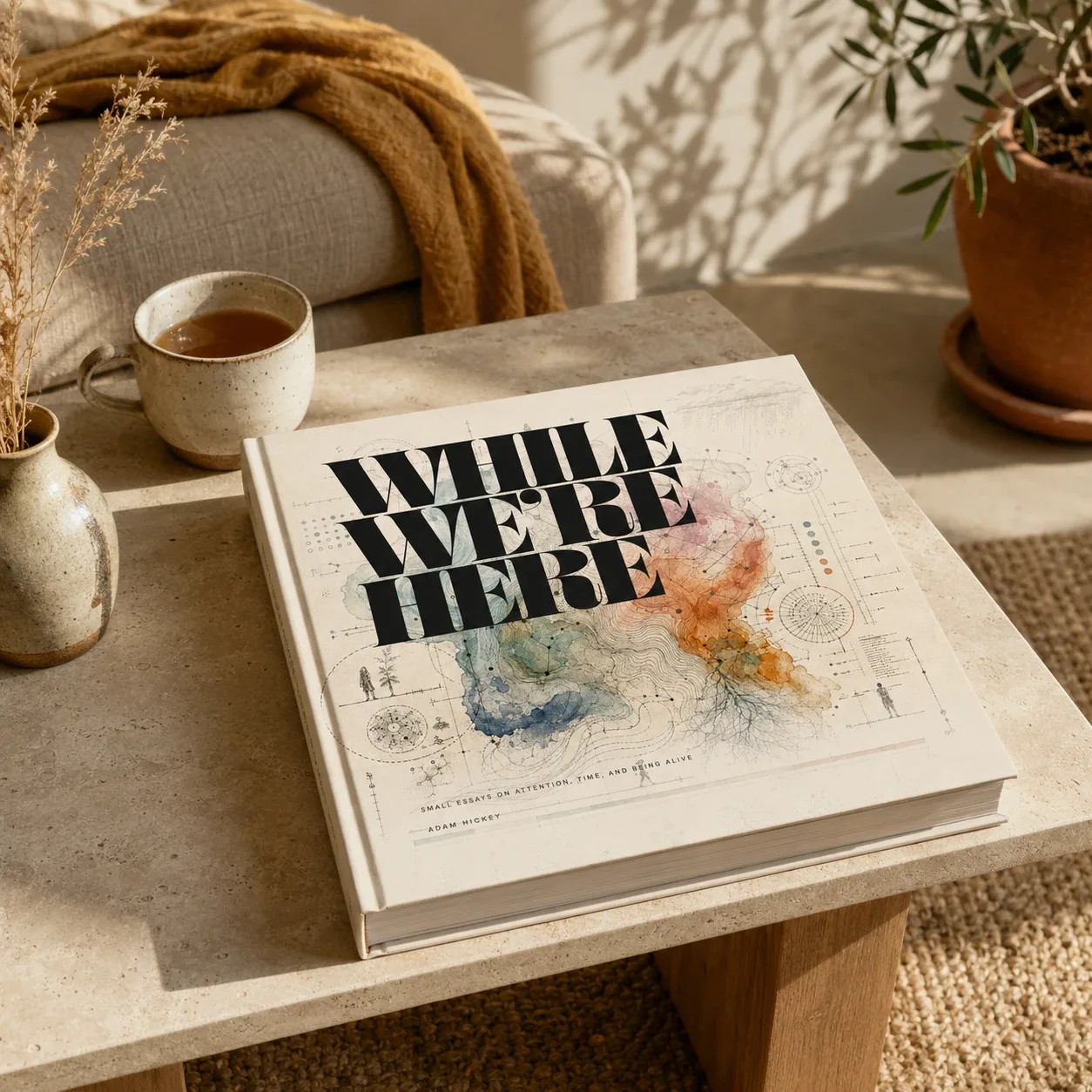 A mockup of the finished book: the square hardcover lying on a travertine coffee table in warm afternoon light, the title WHILE WE&rsquo;RE HERE in tall black Didone capitals over the watercolor-and-drafting cover art, with a stoneware mug of tea, dried grasses and an olive tree nearby.