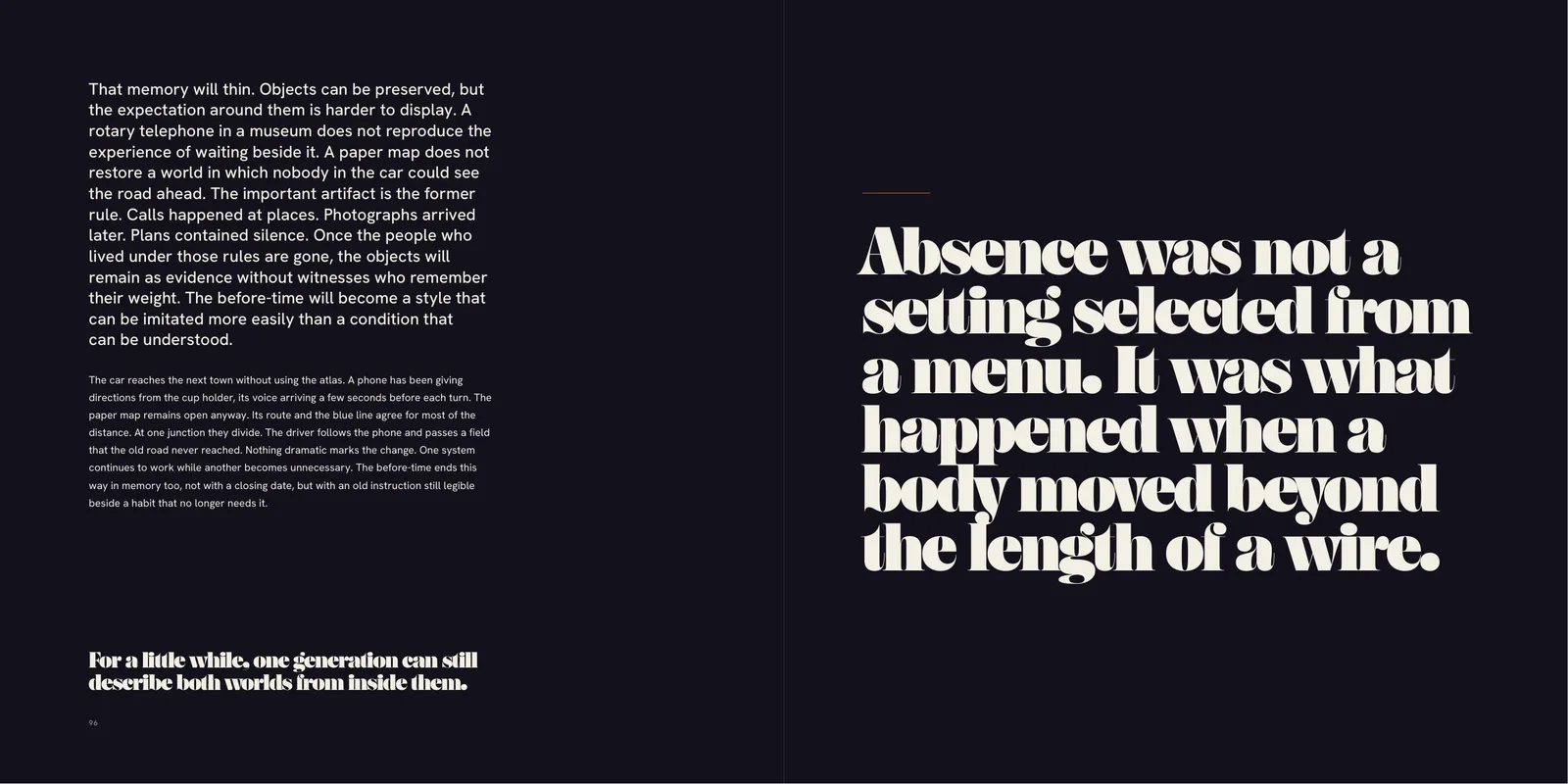 A dark spread carrying a single long sentence in cream Didone type: absence was not a setting selected from a menu, it was what happened when a body moved beyond the length of a wire.