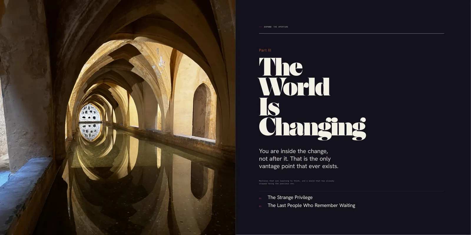 An open spread on near-black pages: a photograph of a vaulted stone cistern, facing the part title The World Is Changing in cream serif type.