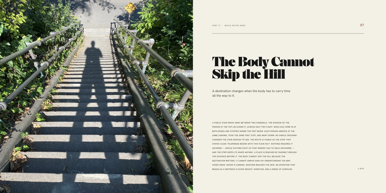 An open spread: a photograph of a long boardwalk stair with the photographer&rsquo;s shadow cast up it, facing a title page reading The Body Cannot Skip the Hill.